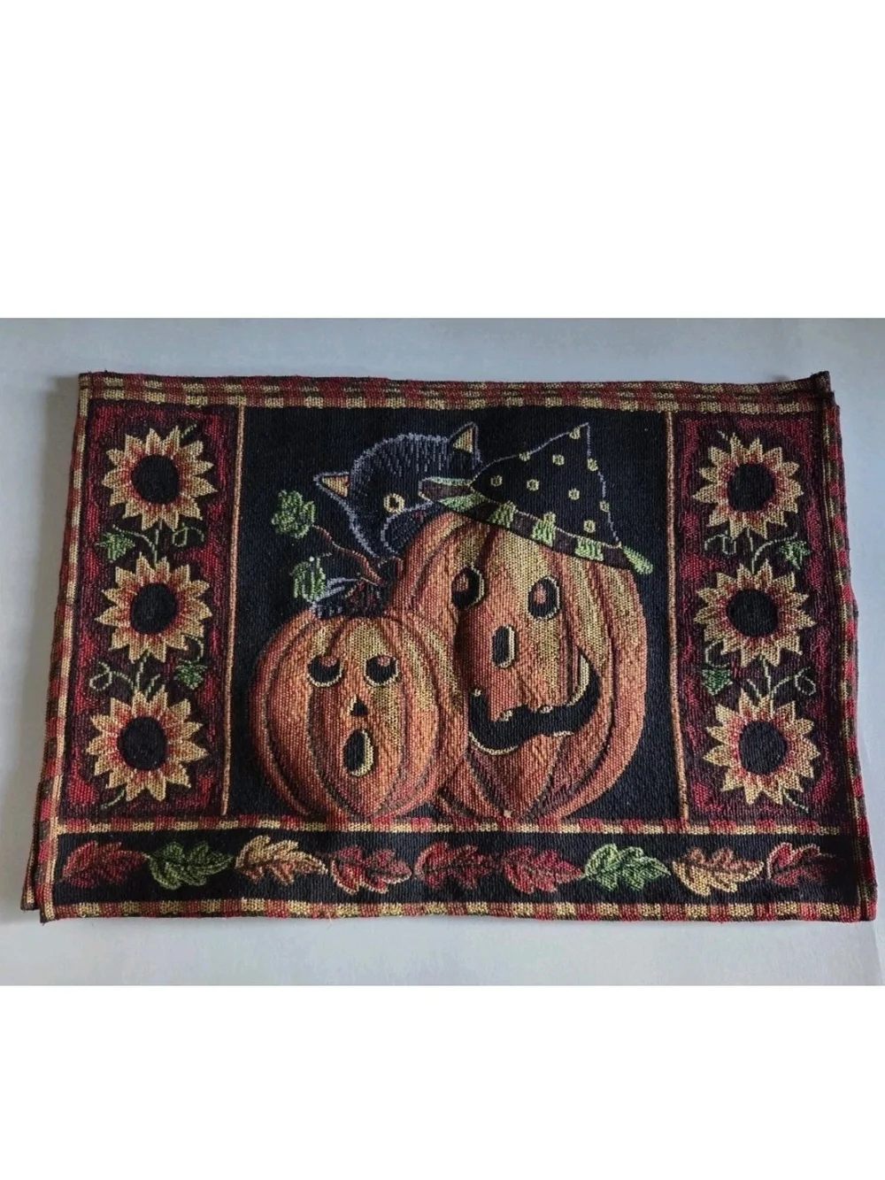 Vintage Y2K Halloween Fall Autumn Pumpkin, Sunflower & Cat Placemat Set Of 4